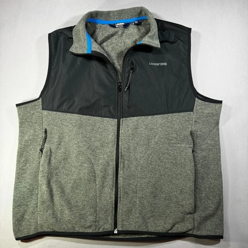 Lands' End Men's Large Gray Black Fleece Zip Vest Full Zip Pocket Oeko-Tex Hike